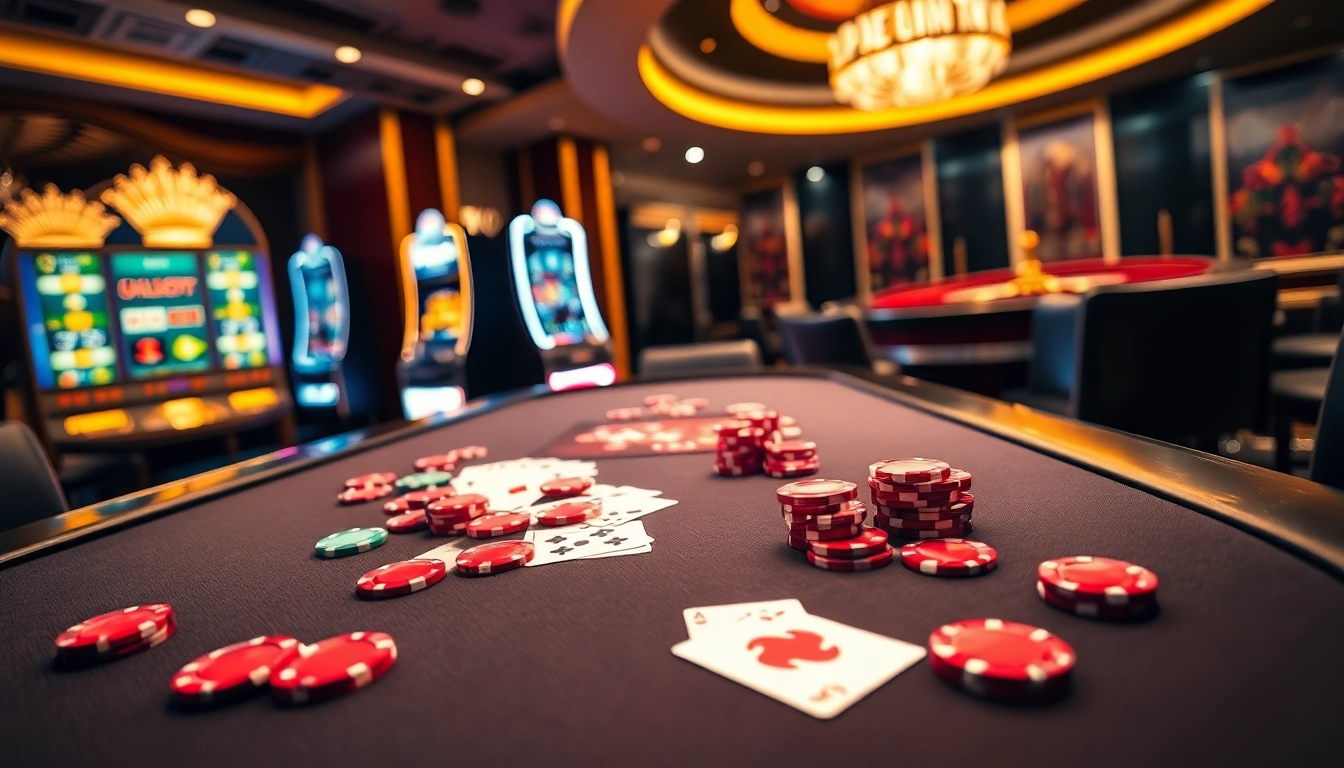 Gambling excitement at https://ku88m.com/ with poker chips scattered on a table and roulette wheel.