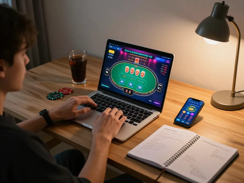 C168 online gaming scene with player immersed in poker strategy at a cozy home setup.