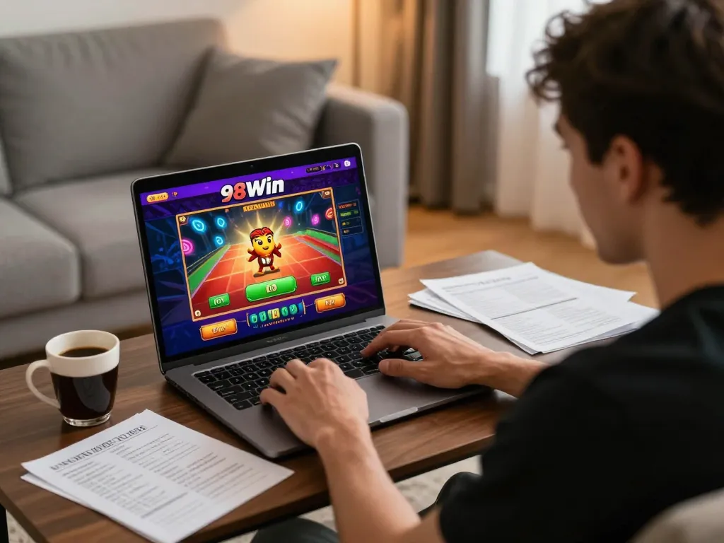Player enjoying 98win's online casino games at home, showcasing a vibrant gaming interface.