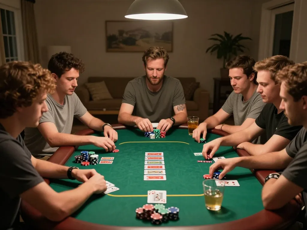 Link vào MM88 poker players showcasing their strategies in an elegant home game setup with snacks and drinks.