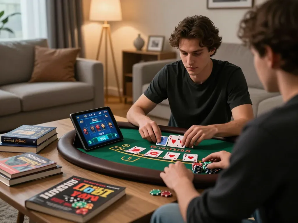 Win138 player making strategic moves in a live dealer blackjack game on tablet in cozy home