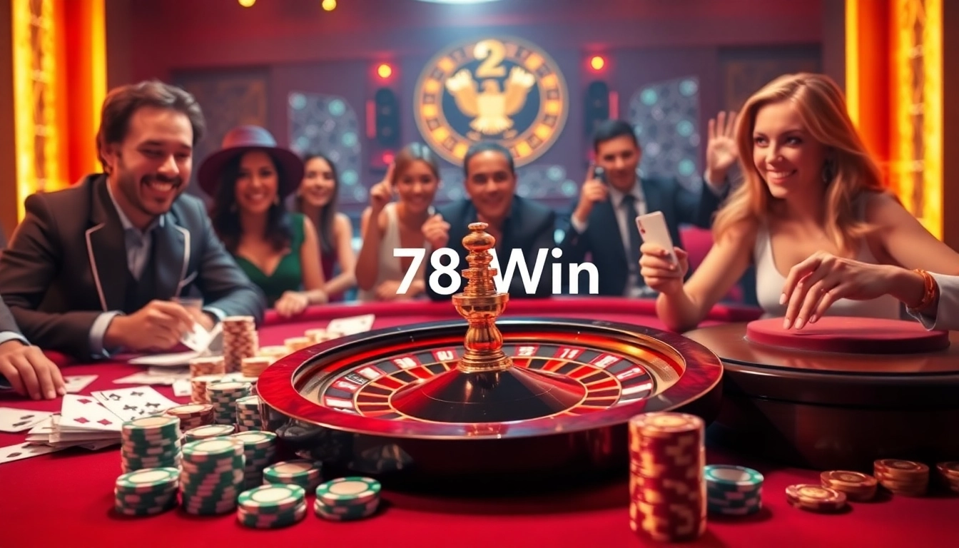 Players enjoying high-stakes poker at 78Win casino, showcasing vibrant chips and cards.