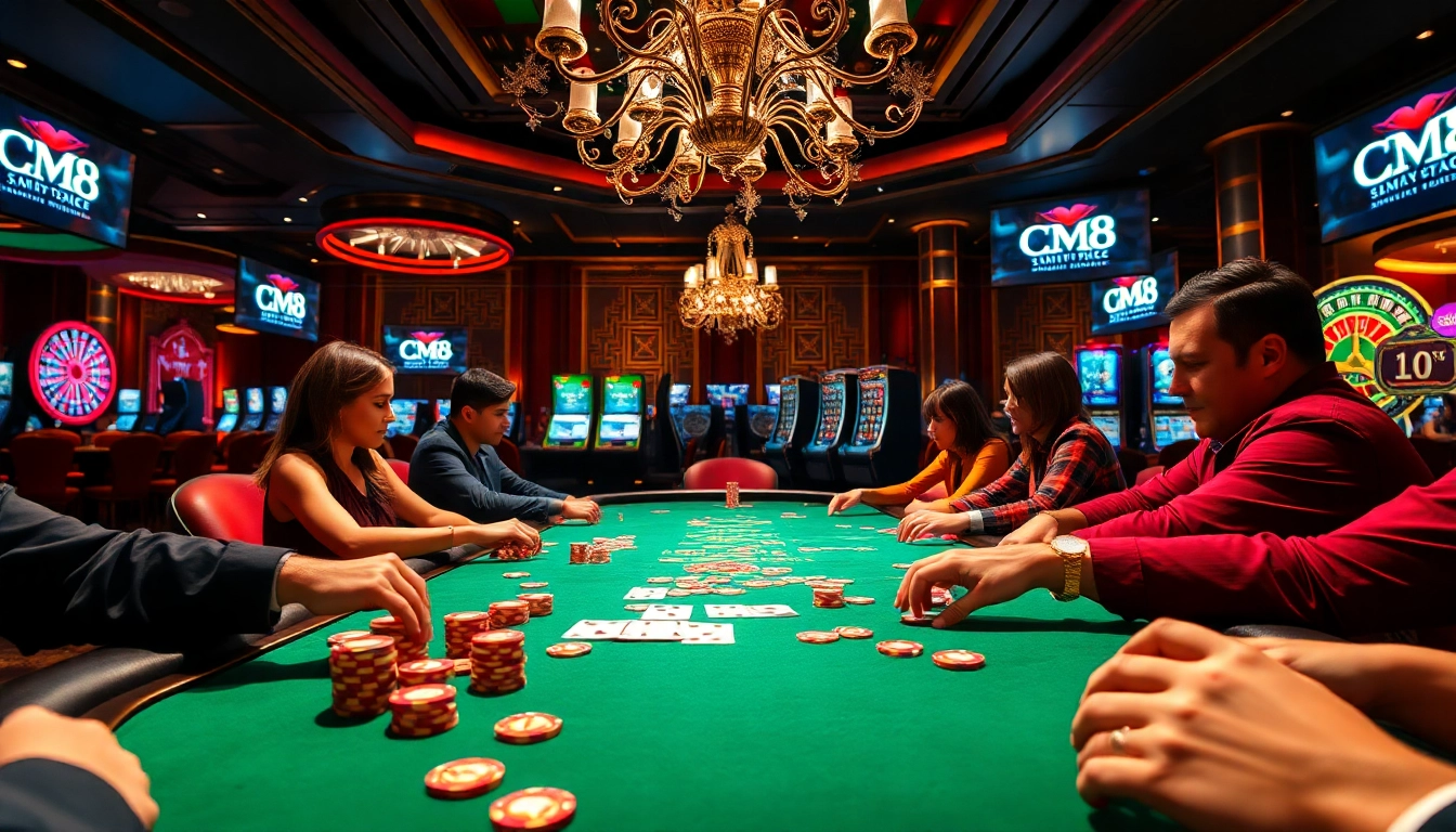 Experience high-stakes poker action at CM88Casino, where players engage with vibrant chips and cards.