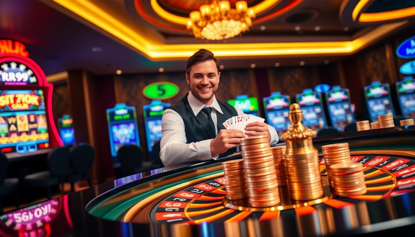 Experience RR99 casino excitement with a vibrant roulette table, chips, and animated slot machines.