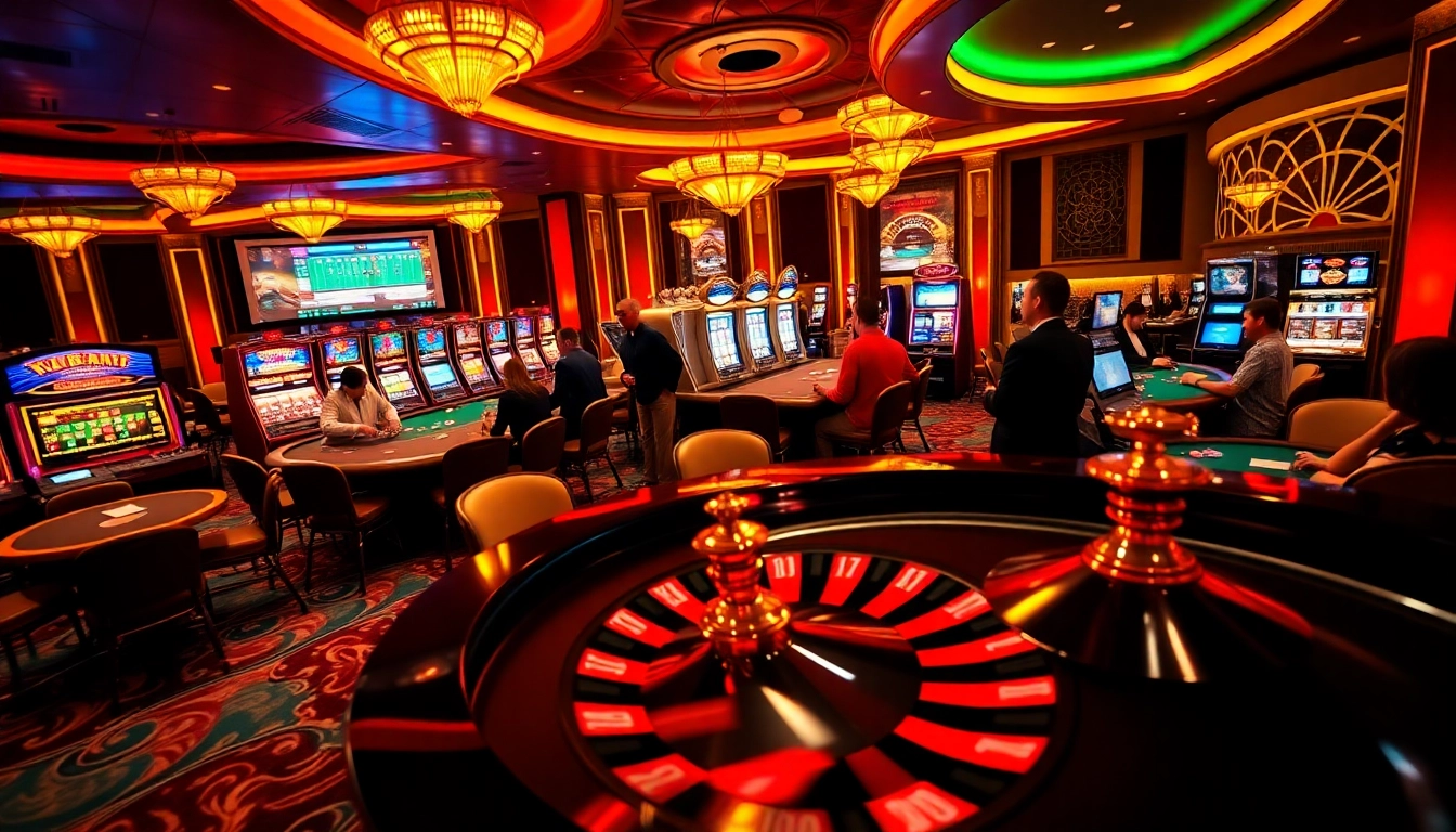 Players engaging at 98win's lavish casino tables with poker chips and roulette excitement.