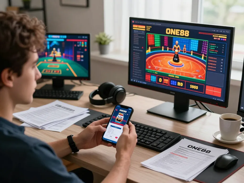 Engaging gameplay on the ONE88 mobile app in a cozy home office setting.