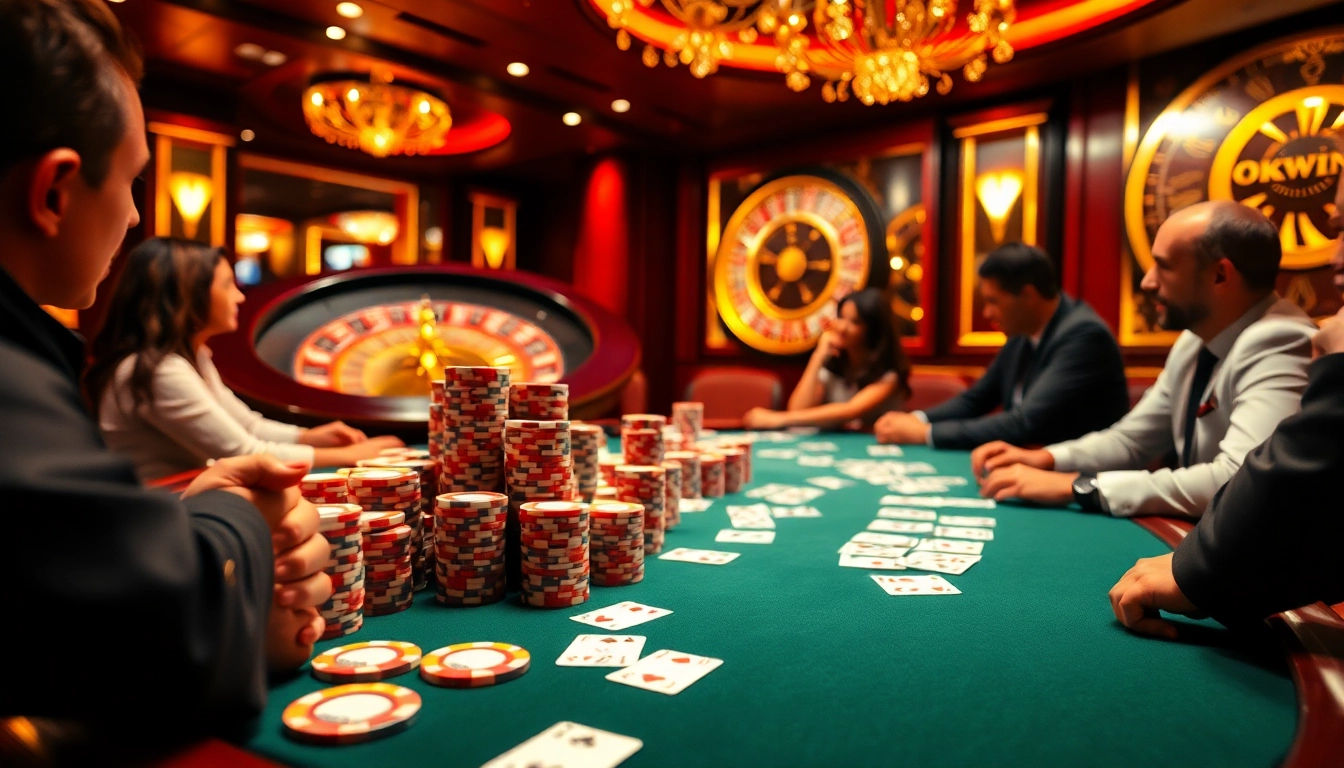 Experience the thrill of gambling at an okwin poker table filled with vibrant chips and cards.