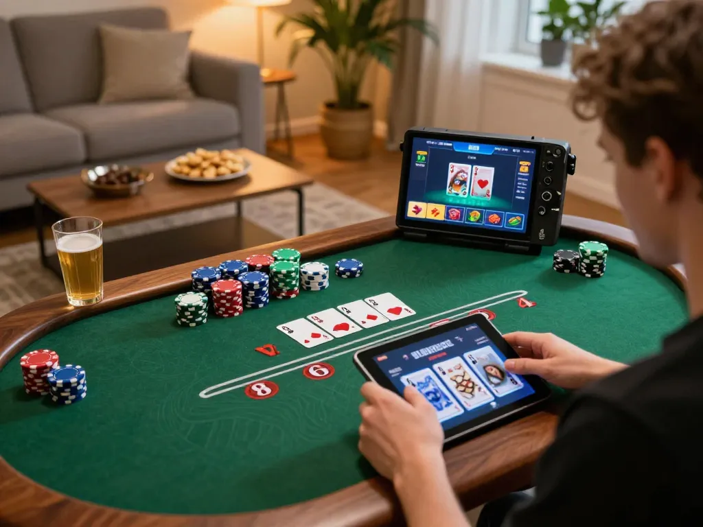 Engaging online gaming session with MB66 as player enjoys a poker game on tablet in cozy living room.