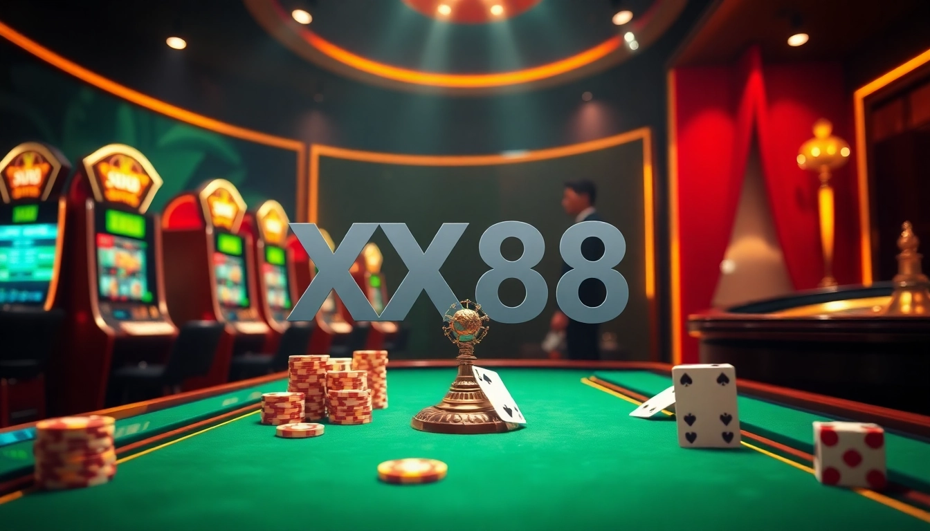 Experience the excitement of XX88 with vibrant slot machines and poker tables in a luxurious online casino.