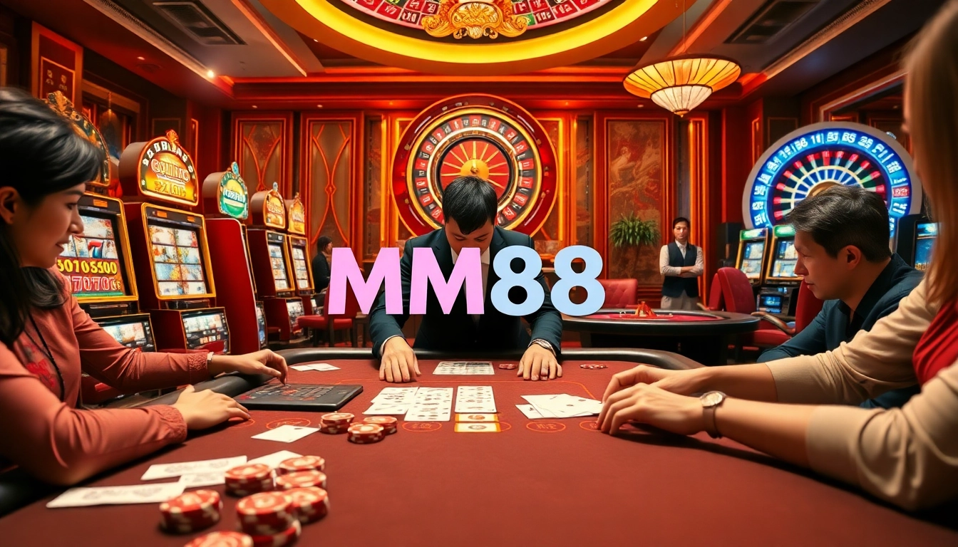 Exciting scene of MM88 casino table poker action with vibrant chips and dealer shuffling cards.