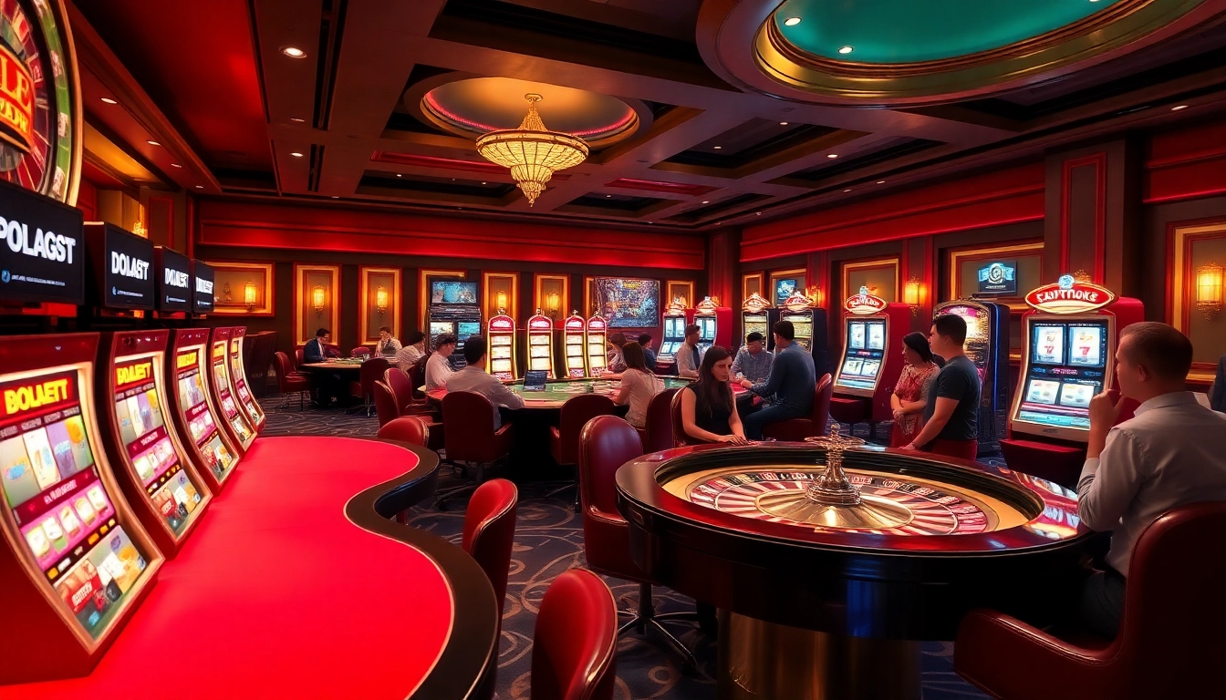 DOLA88 offers a thrilling casino environment with poker tables, slot machines, and roulette wheels.