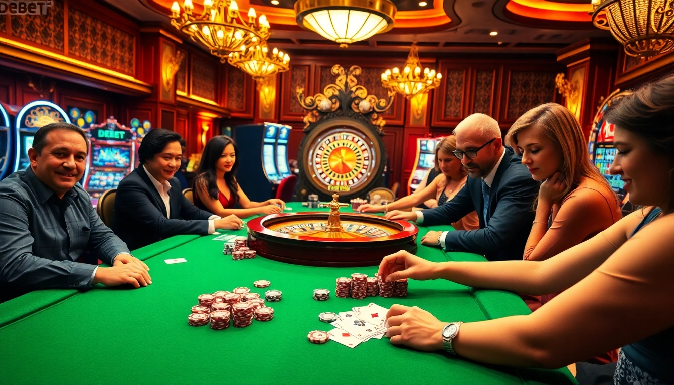 Engaging gamblers play at a luxurious casino table, embodying the thrill of DEBET betting.