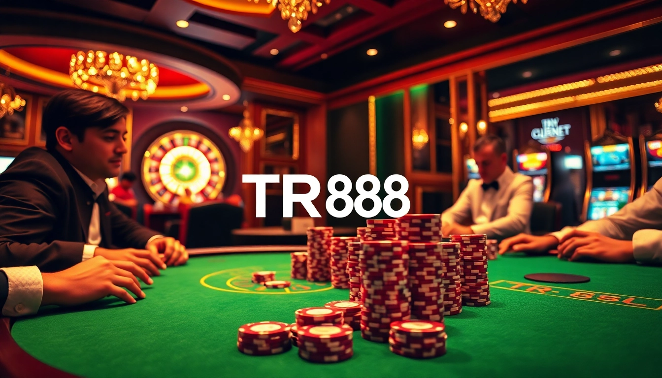 Players engaged in a high-stakes poker game at TR88 casino table with vibrant chips.