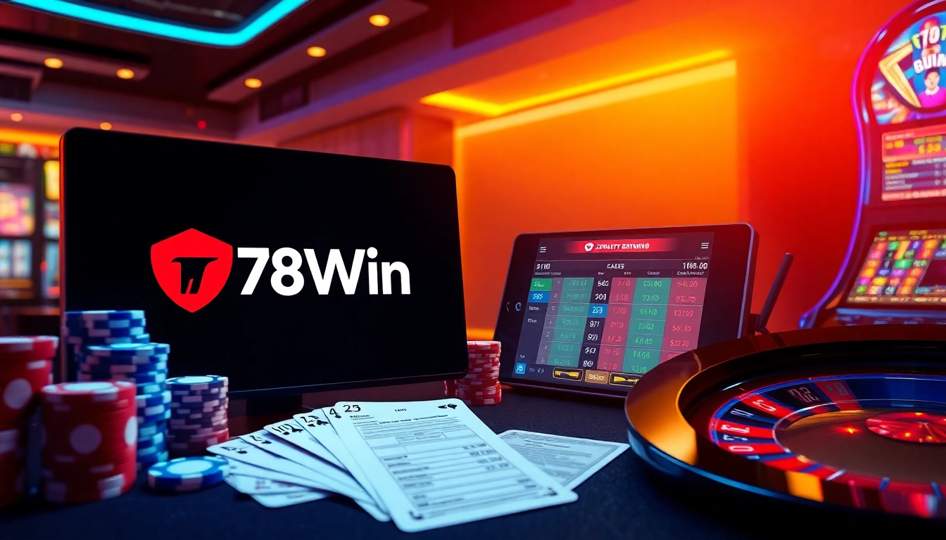 Action-packed gaming scene showcasing 78Win online casino with poker chips and roulette wheel.