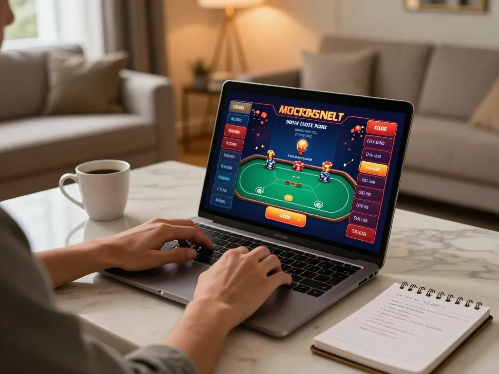 Player engaging in poker on KP88's online platform with strategic notes nearby.