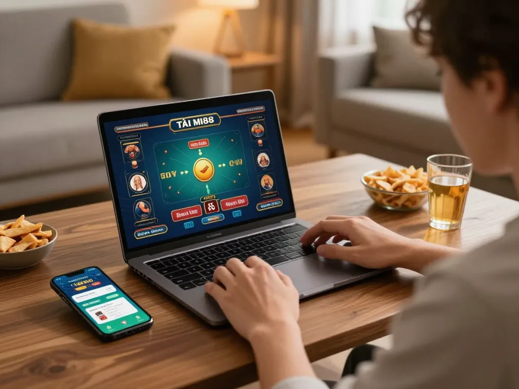 TẢI MI88 app interface displayed on smartphone during online casino gameplay in a cozy living room setting.