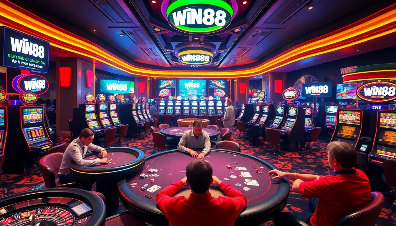 Players enjoying poker at WIN88 casino, showcasing vibrant slot machines and high-stakes excitement.