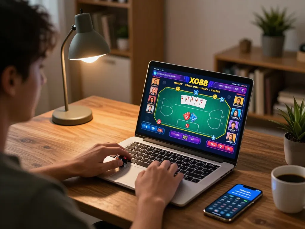 Engaging in NHÀ CÁI XO88 with a laptop, showcasing virtual poker gameplay in a cozy home setting