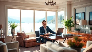 Kelowna realtor engaging with clients in a modern home office with lake views.