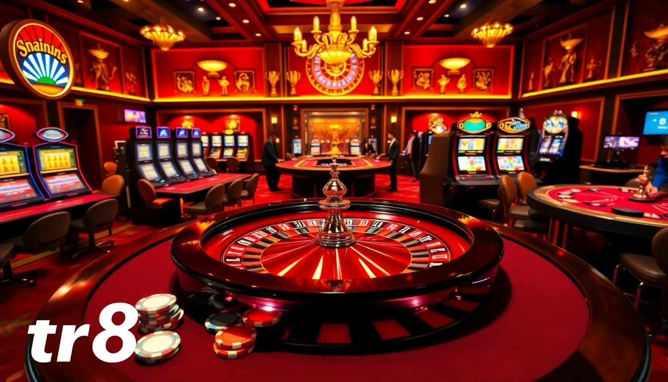 Players enjoying a thrilling roulette game at tr88 casino, surrounded by vibrant colors and luxury elements.