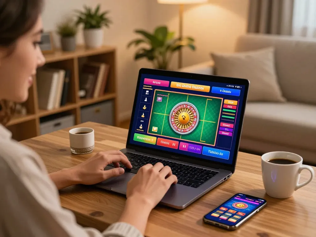 lc88 dang nhap gaming session at home on laptop with colorful roulette display.