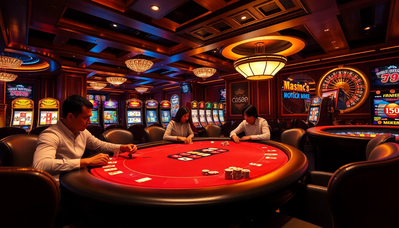 Poker players engaged in a thrilling game at new88.biz with luxurious tables and vibrant slot machines in the background.