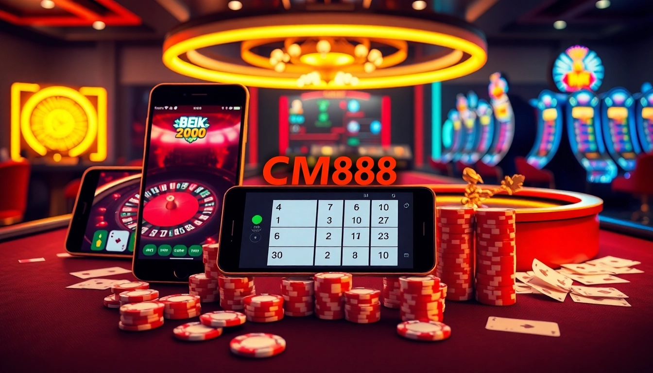 Enjoying cm88 tải app at a luxurious casino, featuring poker chips, cards, and a roulette wheel.