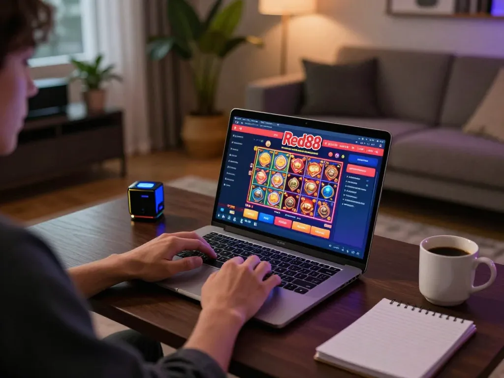Engaging in online gaming at Red88 with vibrant slot graphics in a cozy home setting.