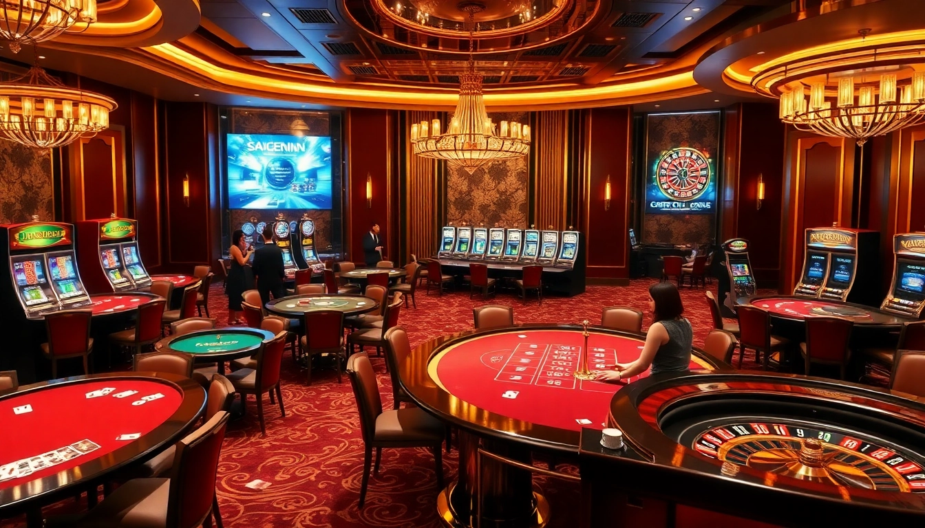 Experience the excitement of https://me88.in.net/ with an engaging casino scene featuring gaming tables and players.