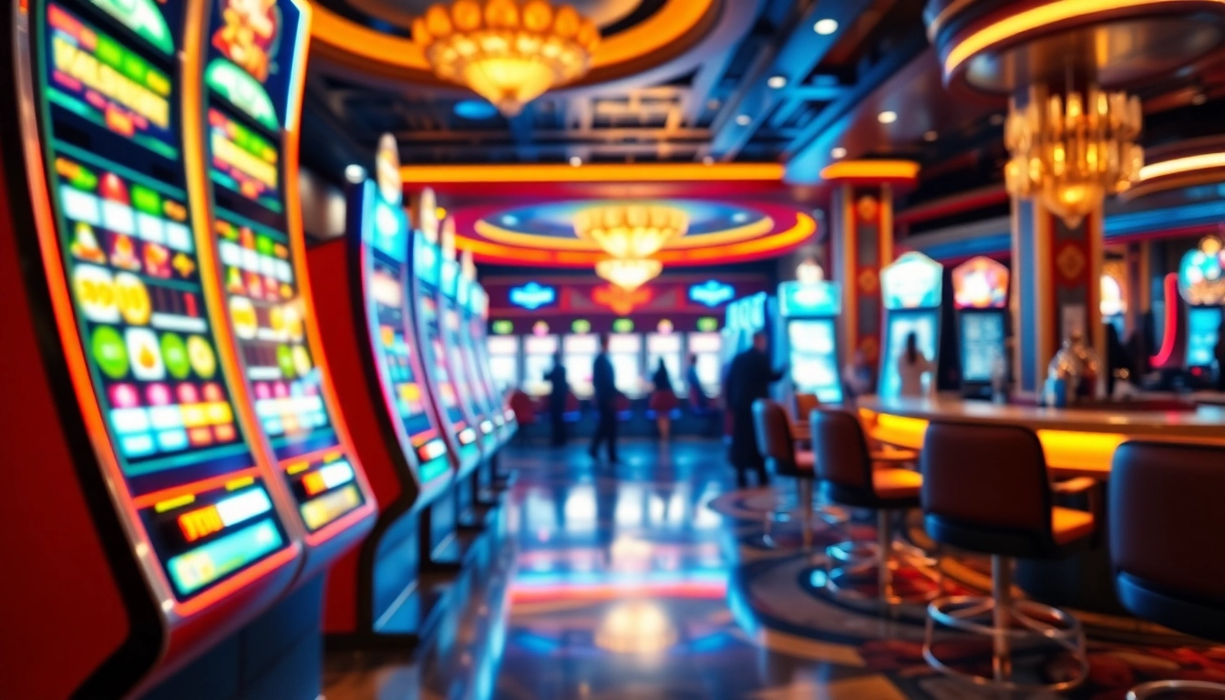 Engage with the thrilling atmosphere of VipLuck Casino featuring colorful slot machines and lively patrons.