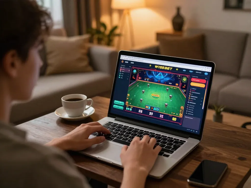 w188 bet platform setup with a player engaged in a live dealer game on a laptop in a cozy home environment.