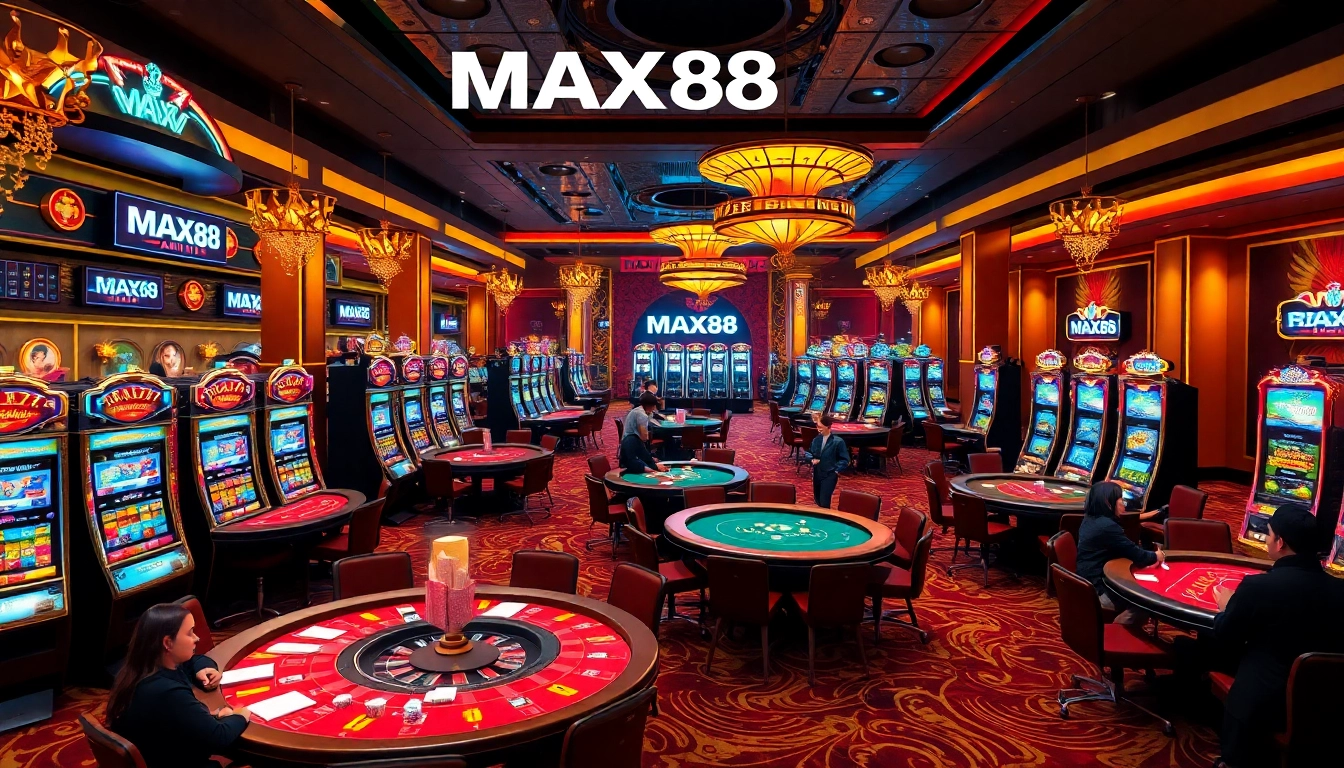 Players enjoying various games at MAX88 casino with vibrant energy and captivating visuals.