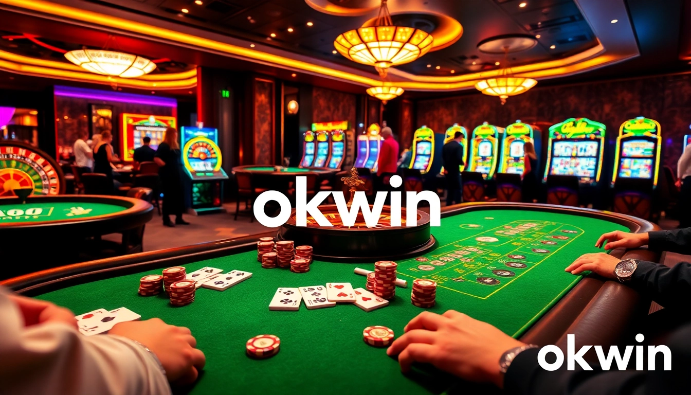 Players enjoying thrilling games at okwin's vibrant online casino, featuring roulette and poker tables.