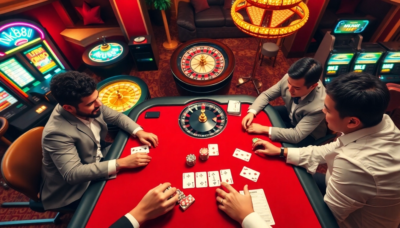 Professional gamblers at a vibrant casino table exploring strategies with NK88 cards and chips