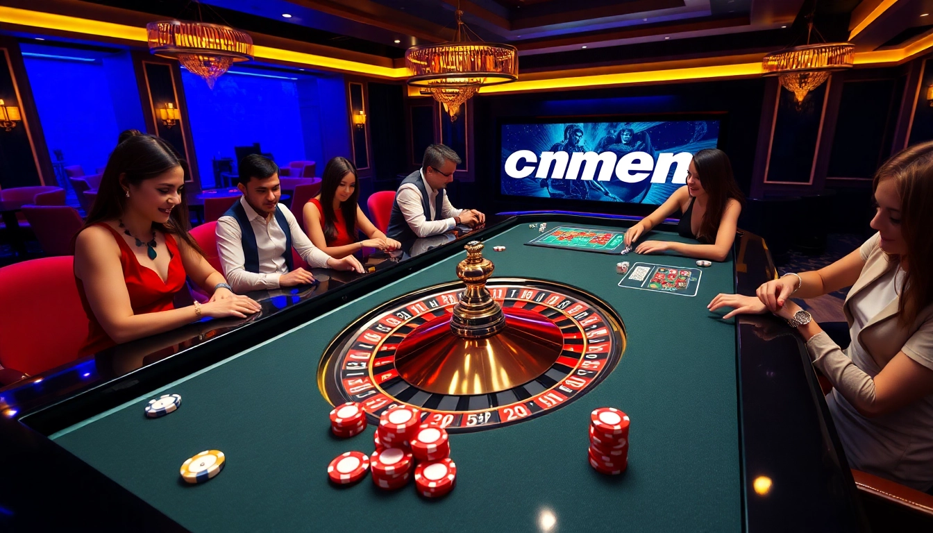 Betting excitement at cm88.men with roulette and engaged players in a luxurious casino setting.