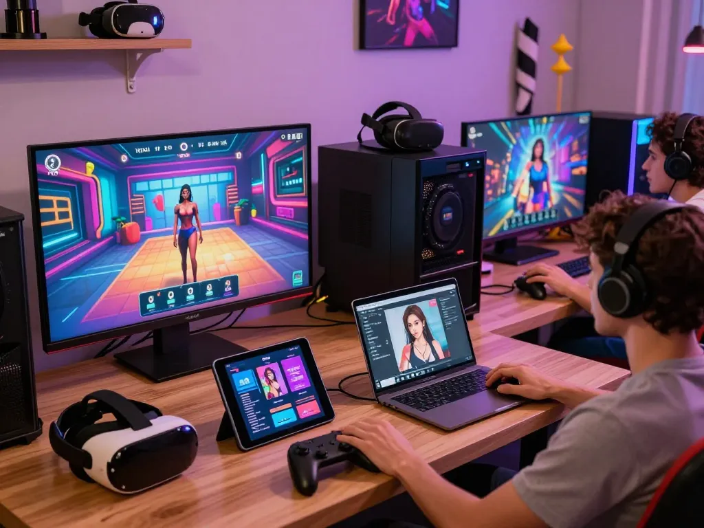 Engaging adults playing free porn games in a vibrant gaming lounge with multiple screens showcasing 3D sex simulators and visual novels.