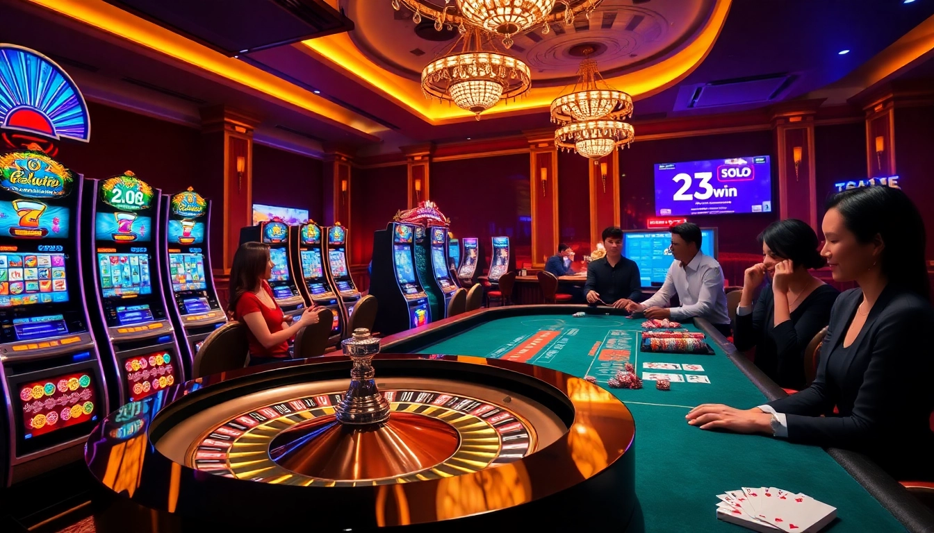 Win big at 23win with vibrant slot machines and a high-stakes poker table.
