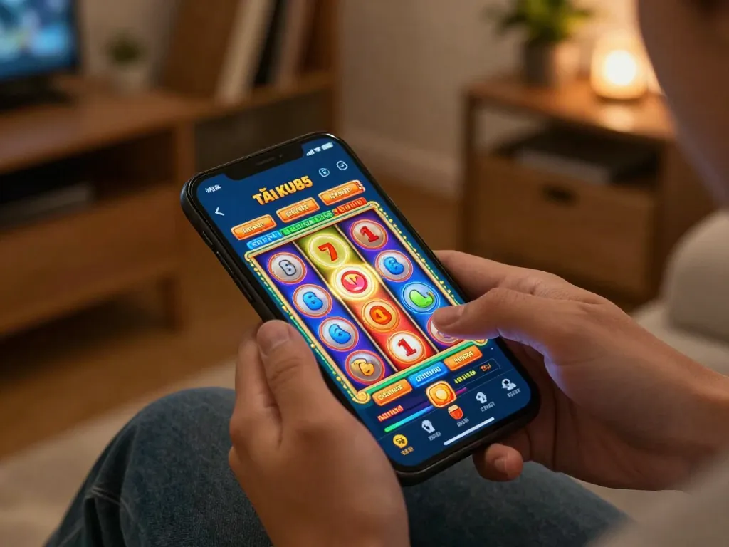 TẢI KU88 while enjoying exciting slot gameplay on a smartphone in a cozy home setting