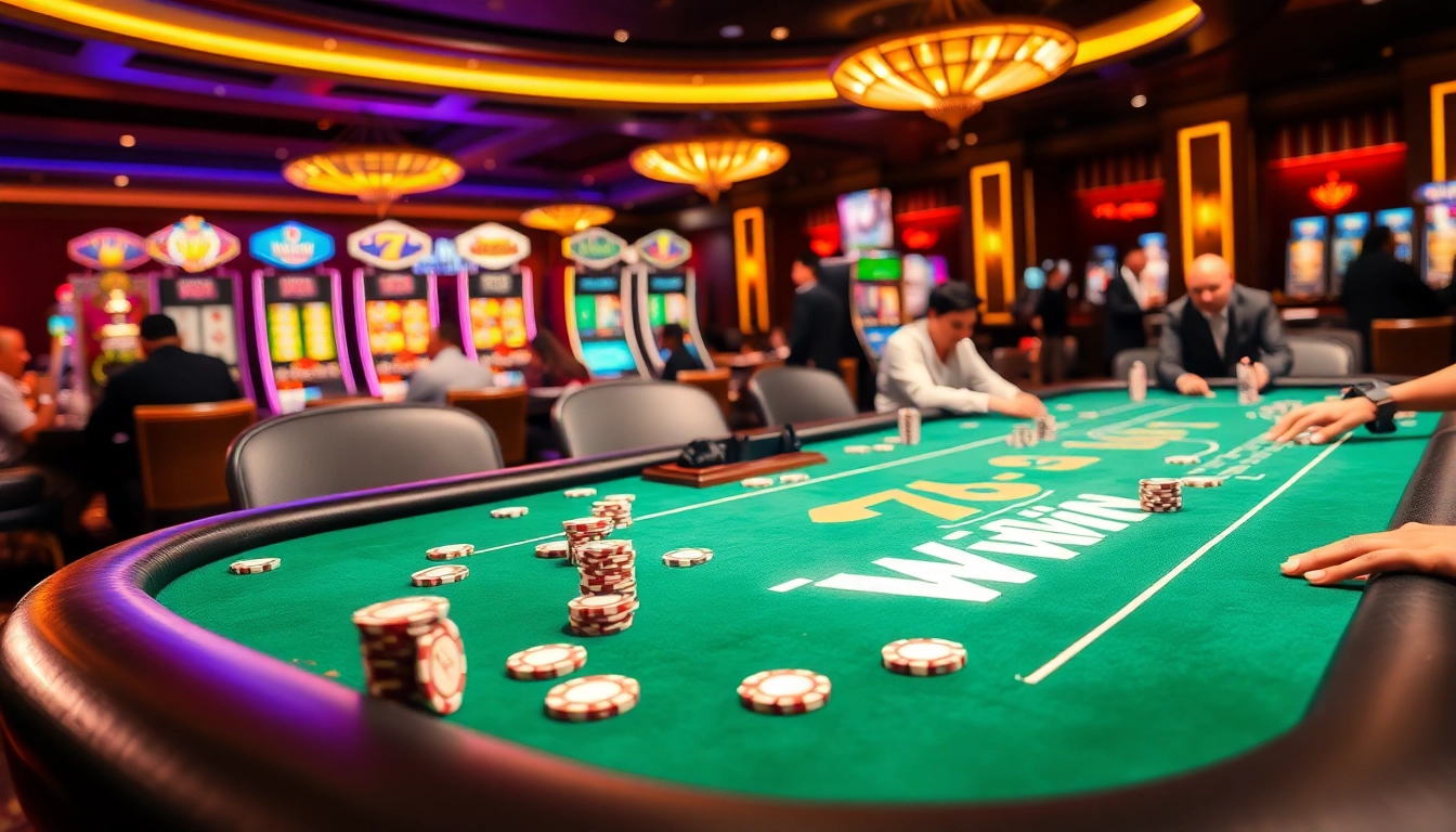 Experience the thrill of poker at 78Win's luxurious casino table, showcasing intense gameplay and vibrant decor.