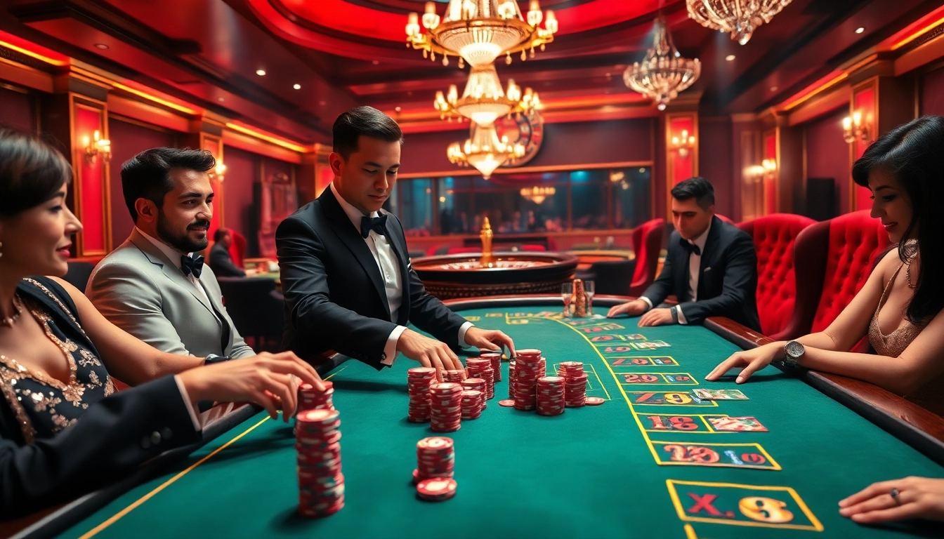 Experience the thrill of high-stakes poker at CM88's luxurious casino, with players and croupiers engaged in an exciting game.