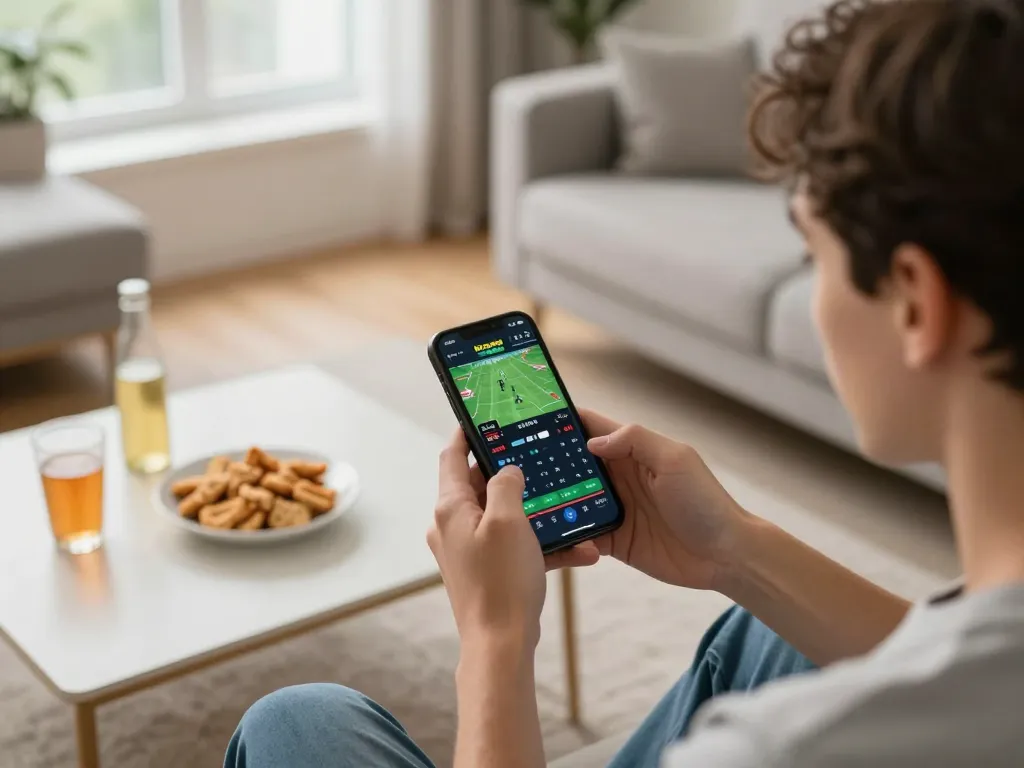 Engaging in live sports betting on trang chủ 789win app with smartphone in a cozy home setting