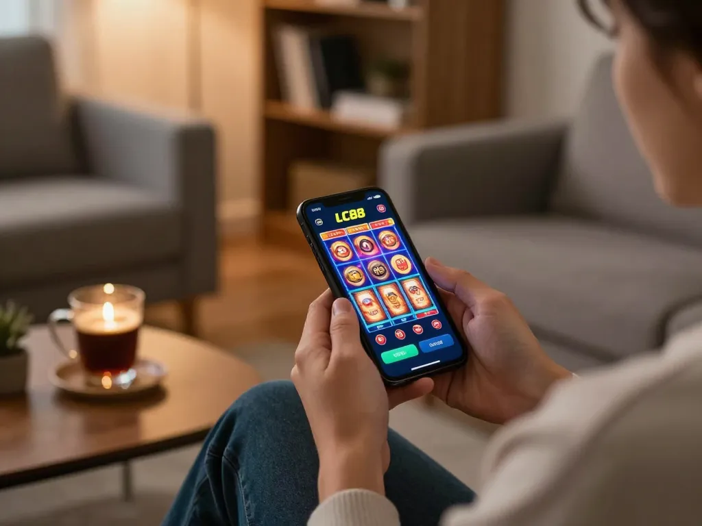 Player engaging with the LC88 casino app on smartphone, showcasing a colorful slot machine interface in a cozy home setting.