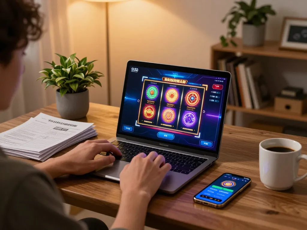 Engaging in online gaming with 11bet's vibrant slot interface, cozy home setup.