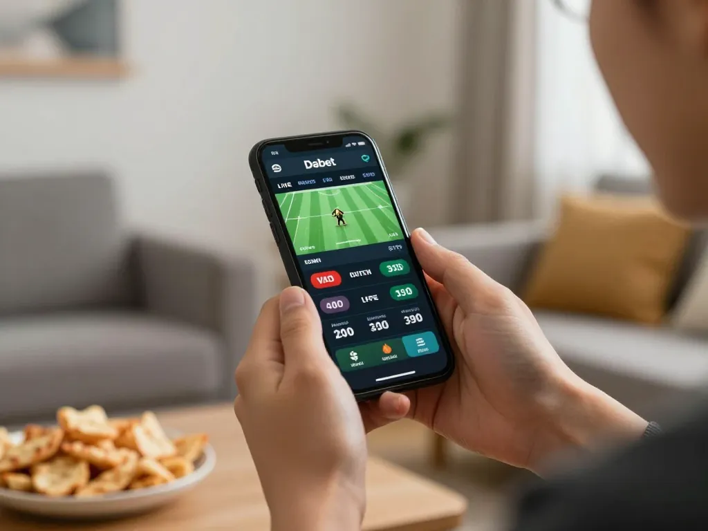 Engaging with sports betting on the App Dabet in a cozy living room setting
