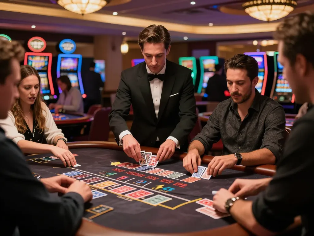 Players at LC88pro engage in thrilling blackjack betting at an upscale casino table.
