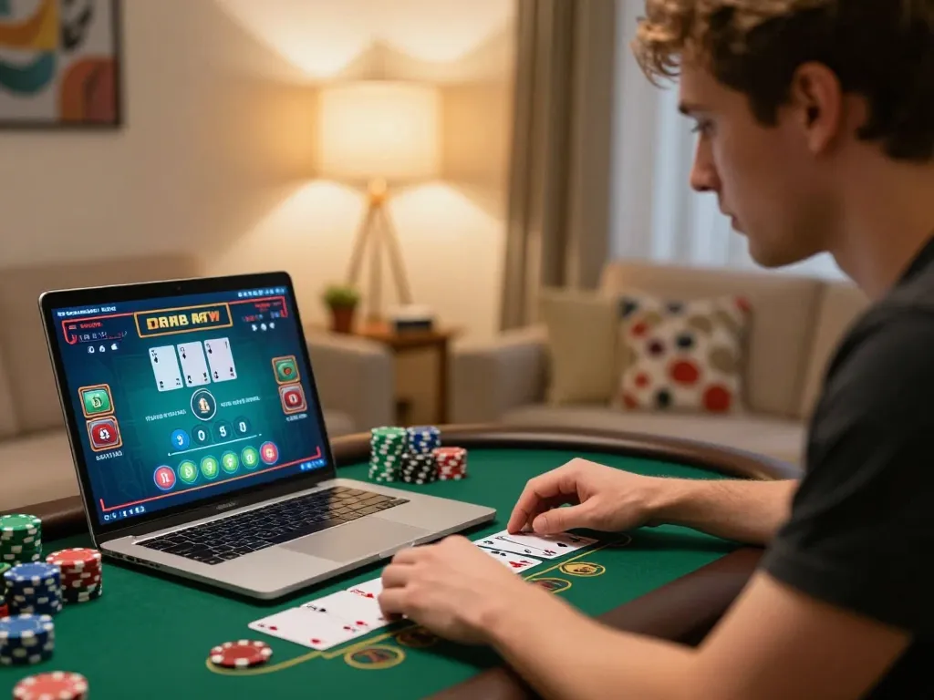 Player enjoying SC88 online blackjack game at home, laptop displaying vibrant game interface.