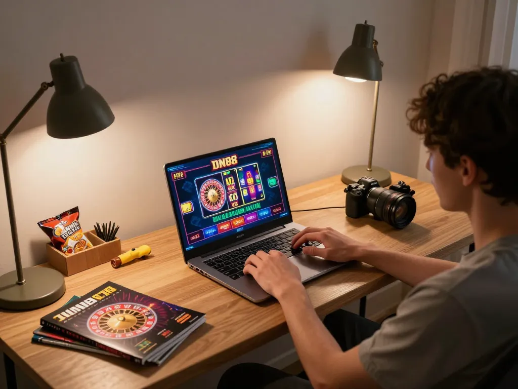 Engaging in DN88 online gaming with vibrant interface, showcasing home gaming setup.