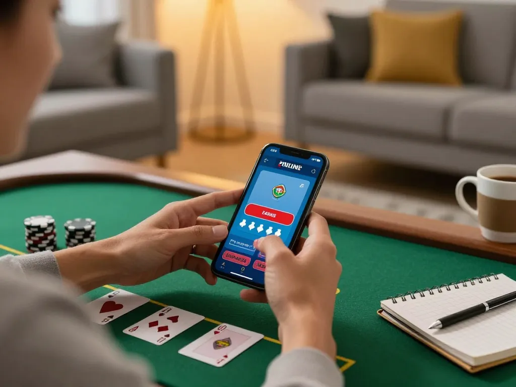 Engaging online blackjack gameplay on a smartphone at home, showcasing bj88bj casino experience.