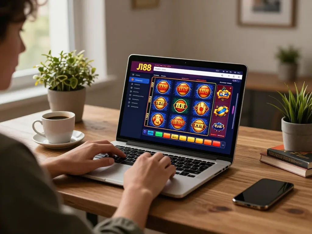 Engaged user playing J188 online casino games on a laptop in a cozy home setting.