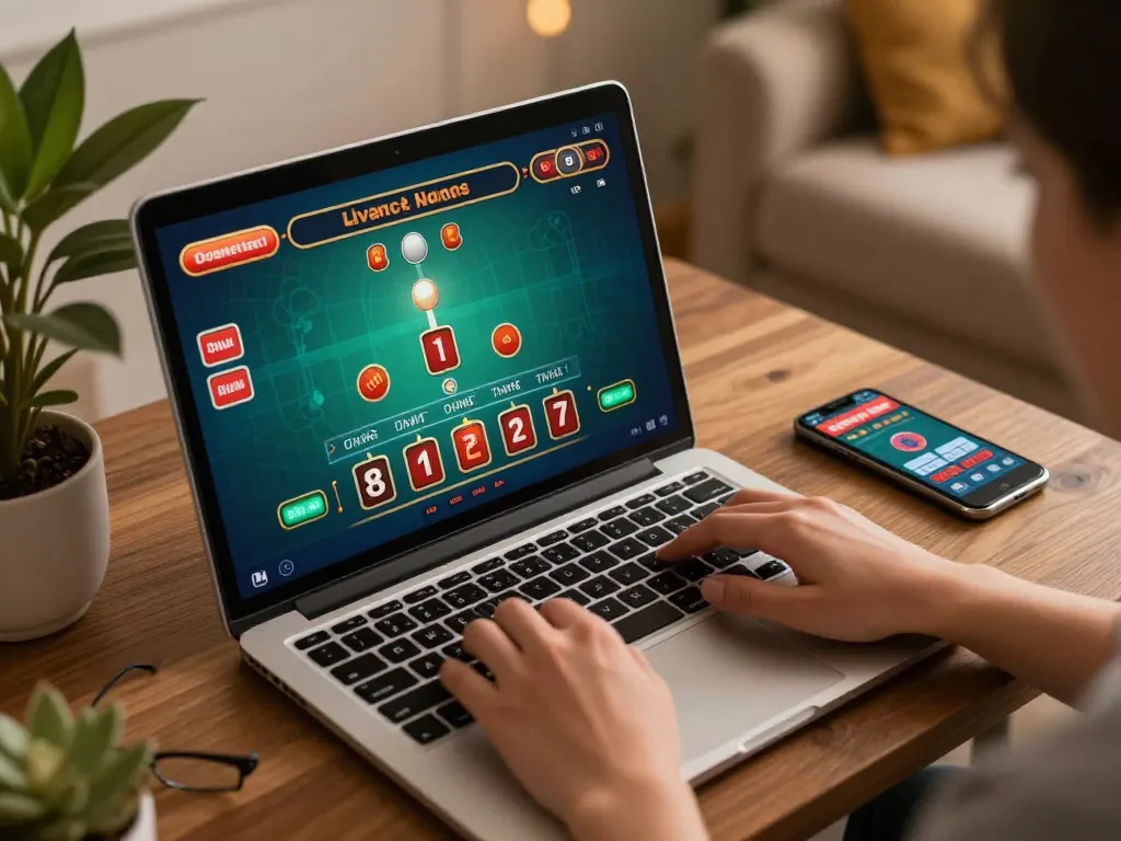 Fun79 players enjoying an online blackjack game on laptop, showcasing strategic gameplay.